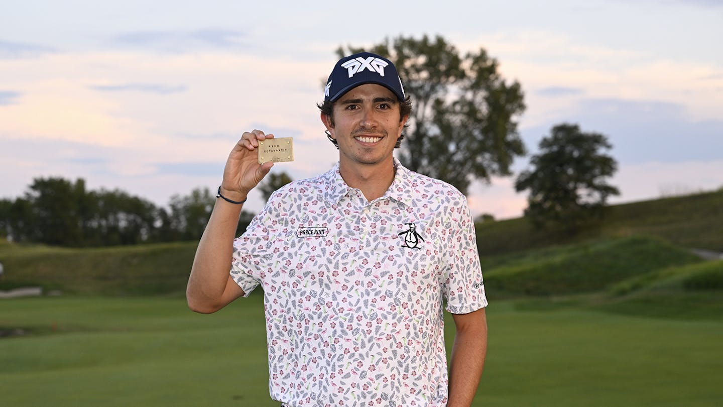Nicolas Echavarria poses with his PGA Tour card.